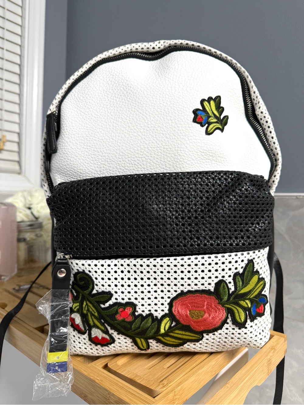 White and Black Floral Embroidered Backpack